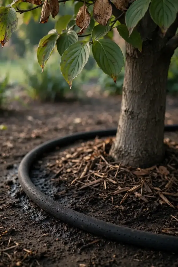 Soaker hose at the base of a dogwood with dry spotted foliage above.