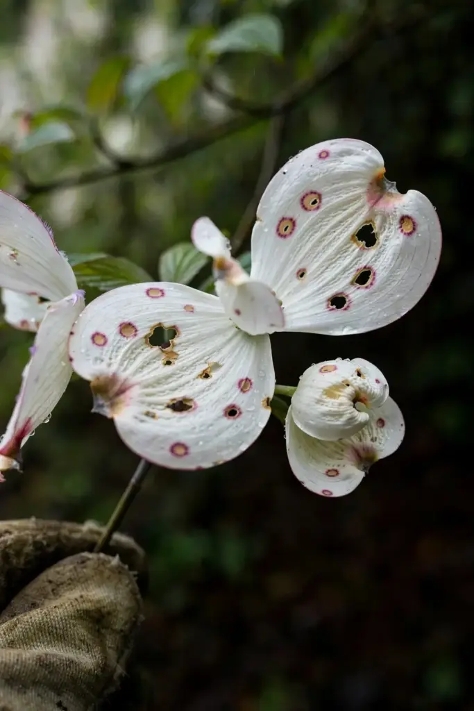 Spotted dogwood bract cluster steadied by a worn garden mitt.