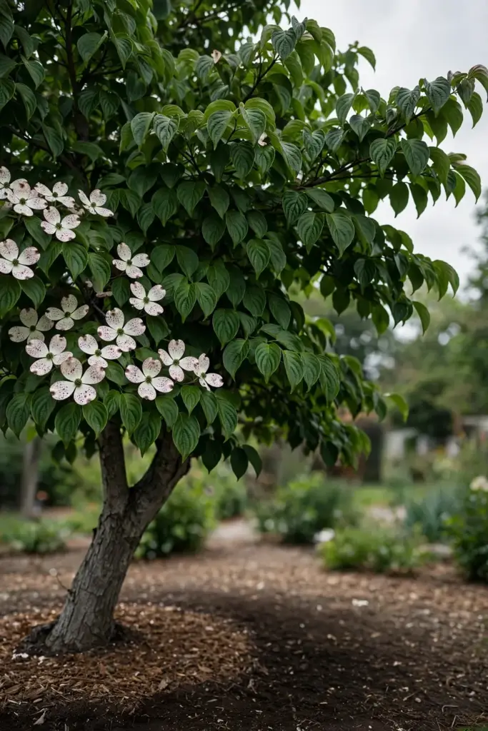 Mature dogwood with spotted bracts and a healthy full canopy.