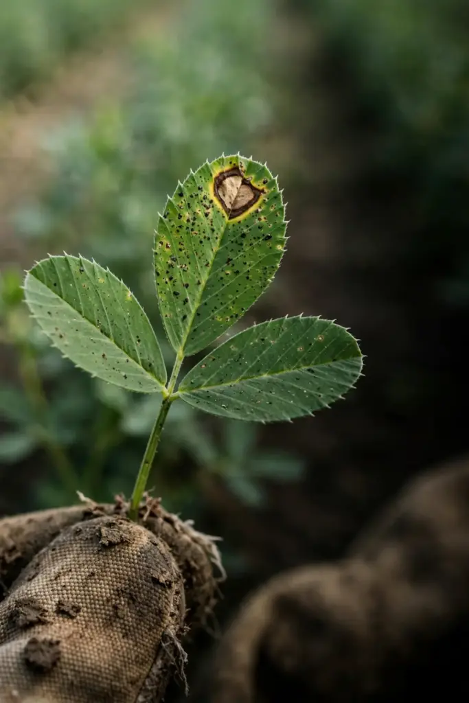 Spotted alfalfa leaf with eyespot lesions, held by a worn garden mitt.