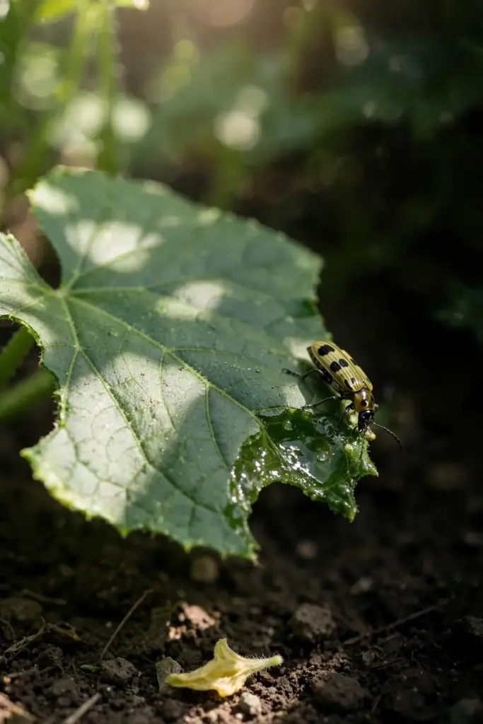 Spotted cucumber beetle feeding on a cucurbit leaf.