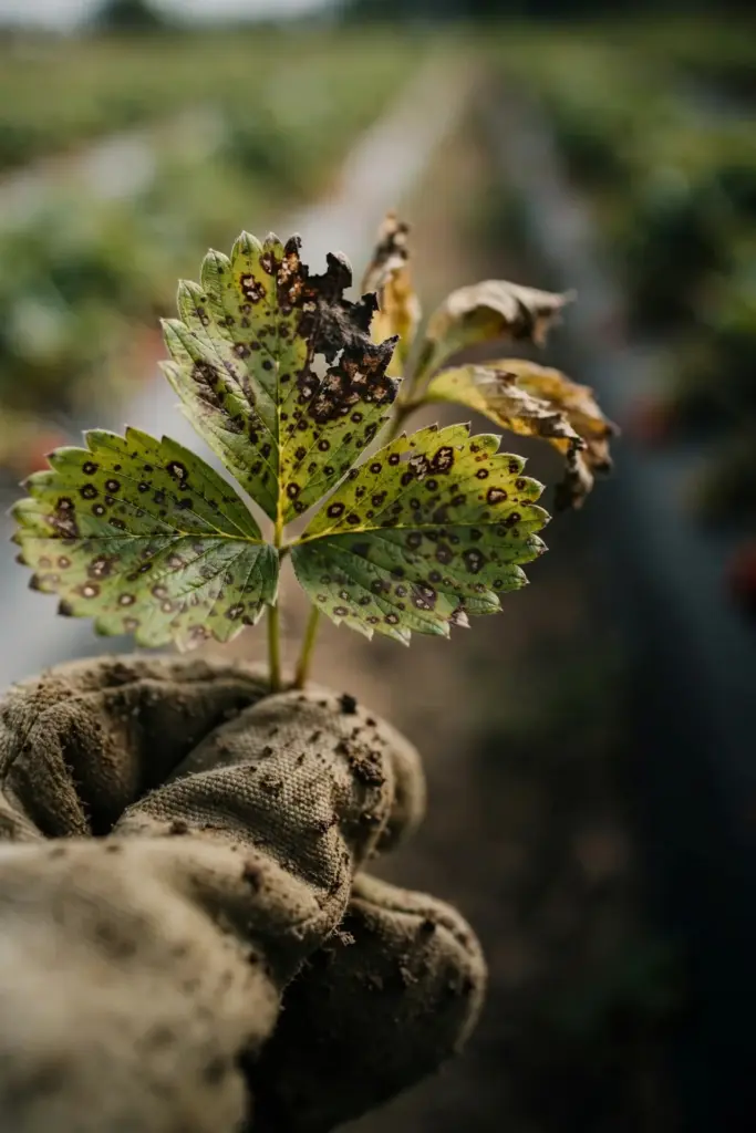 Spotted strawberry leaf with irregular brown spots, held by a worn garden mitt.