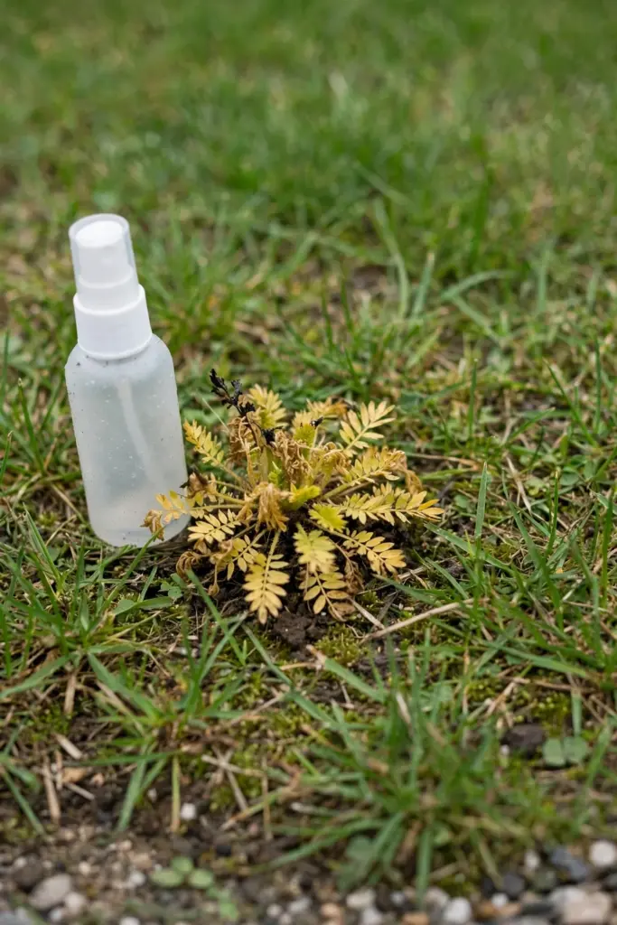 Small spray bottle beside a yellowing bindii rosette