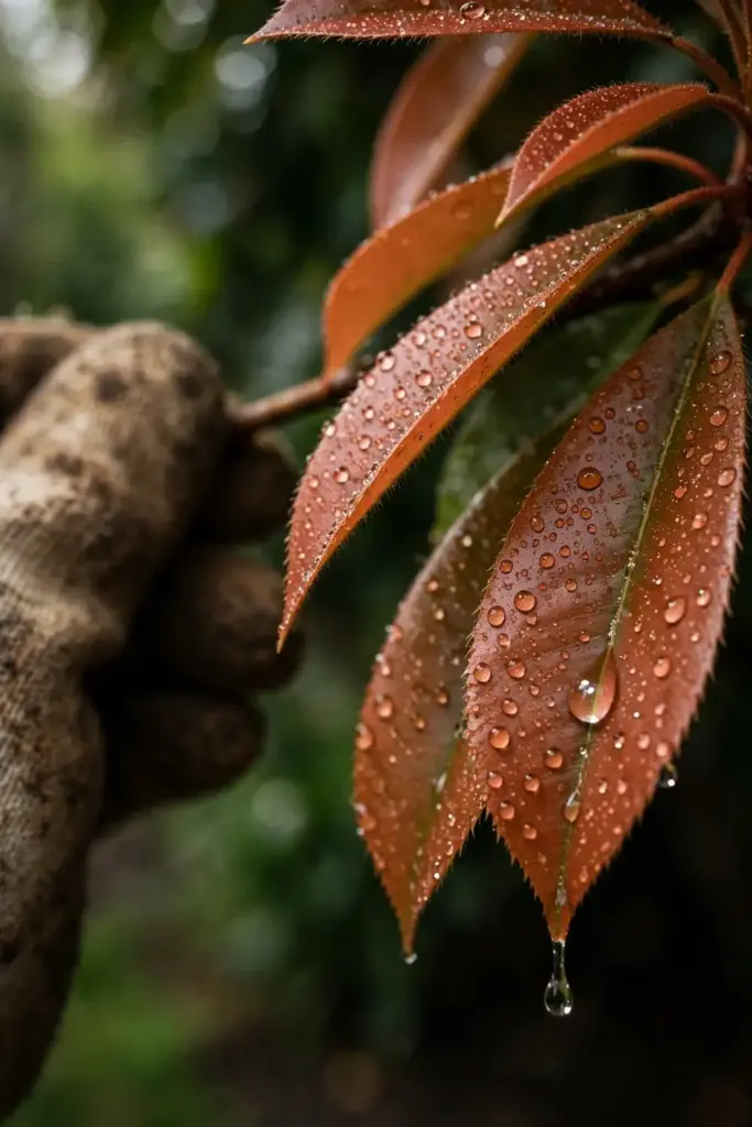 Young photinia leaves beaded with fine spray droplets held in a worn garden mitt