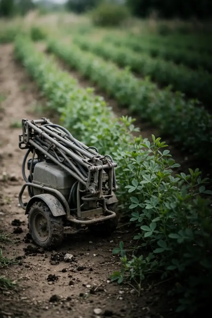 Sprayer parked at the edge of an alfalfa field before a preventive application.