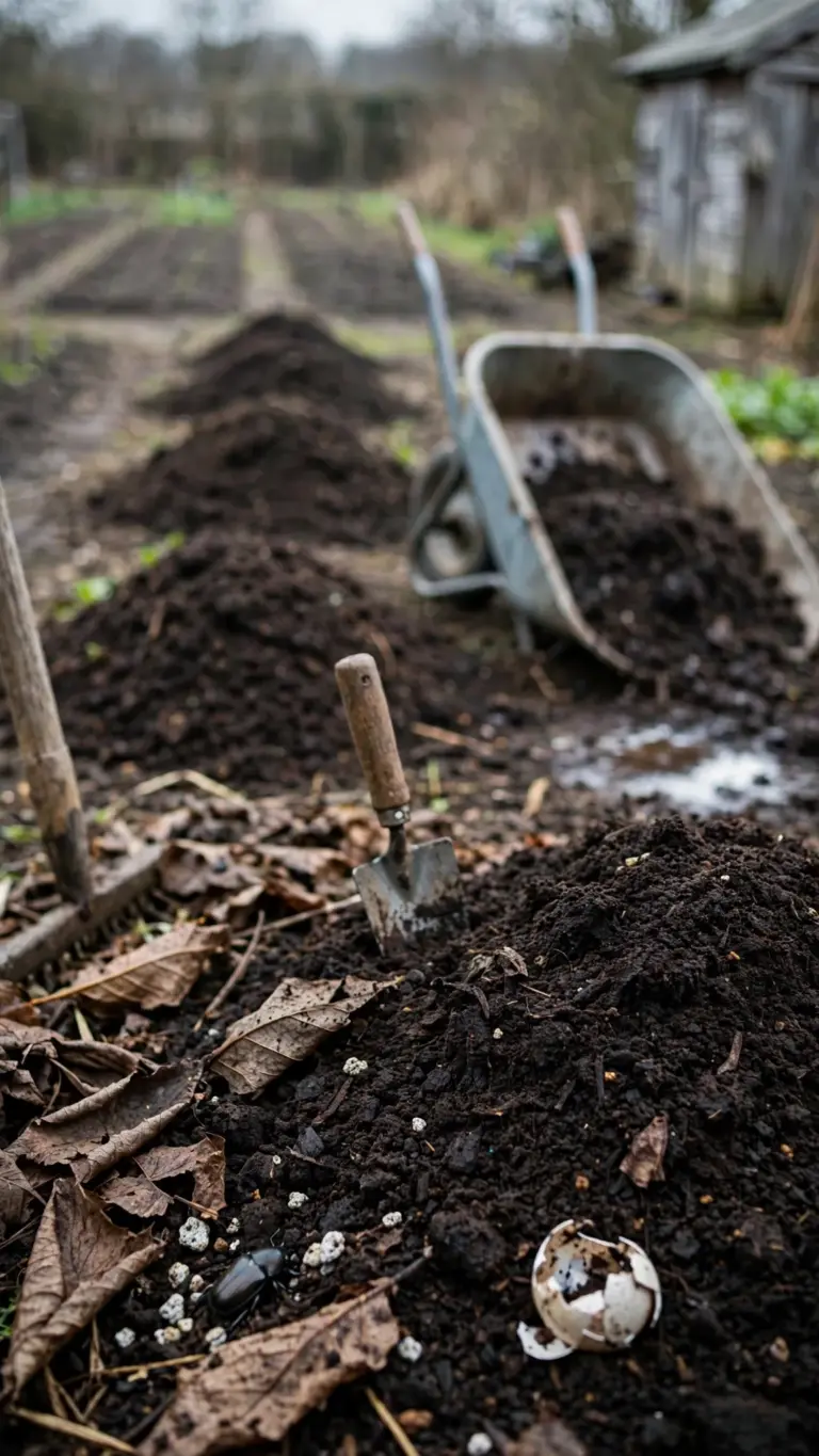 Dark finished compost spread over a vegetable bed with a trowel marking depth