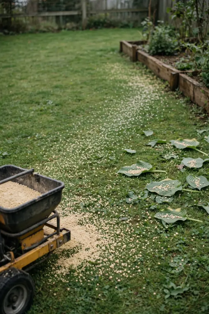 Broadcast spreader scattering granular fertilizer over an established Kikuyu lawn