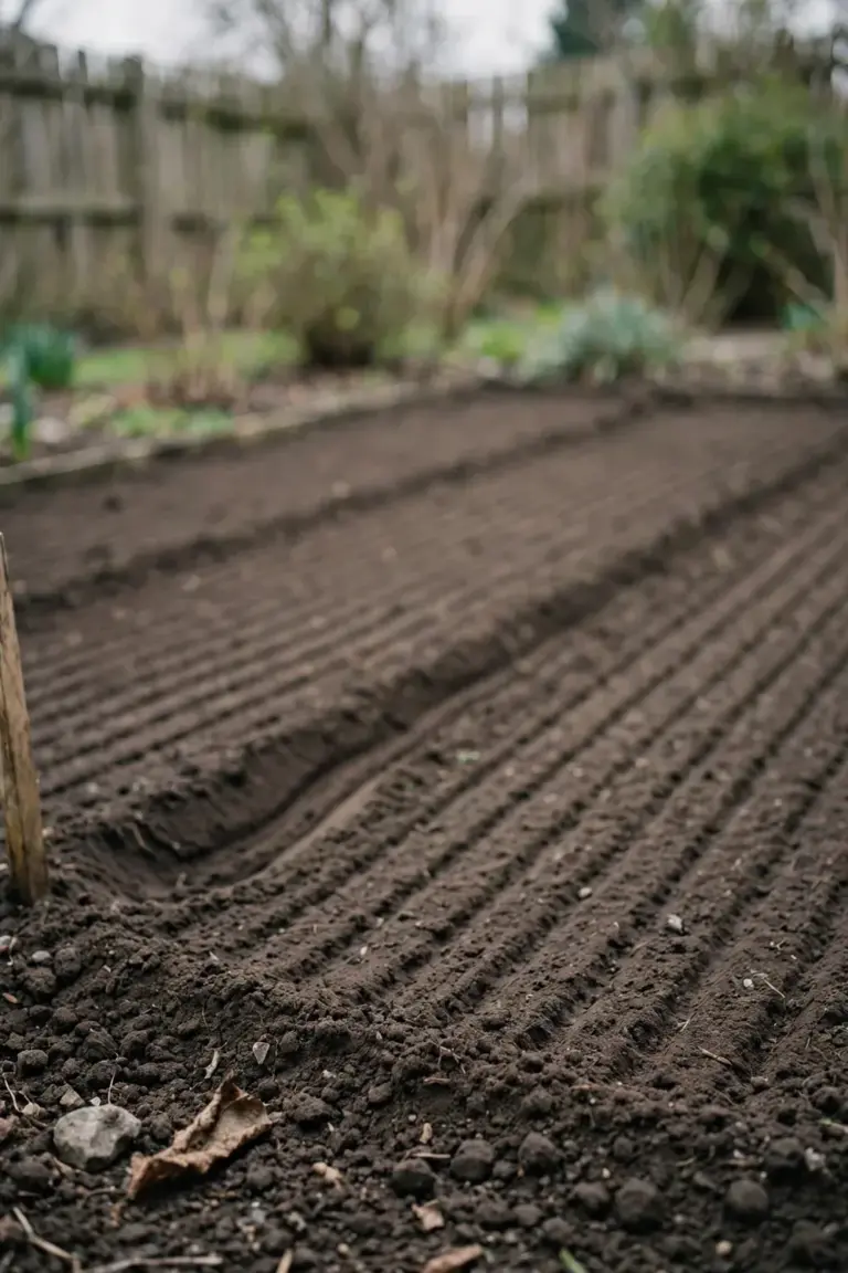 Freshly raked garden bed with a shallow furrow ready for cosmos seed