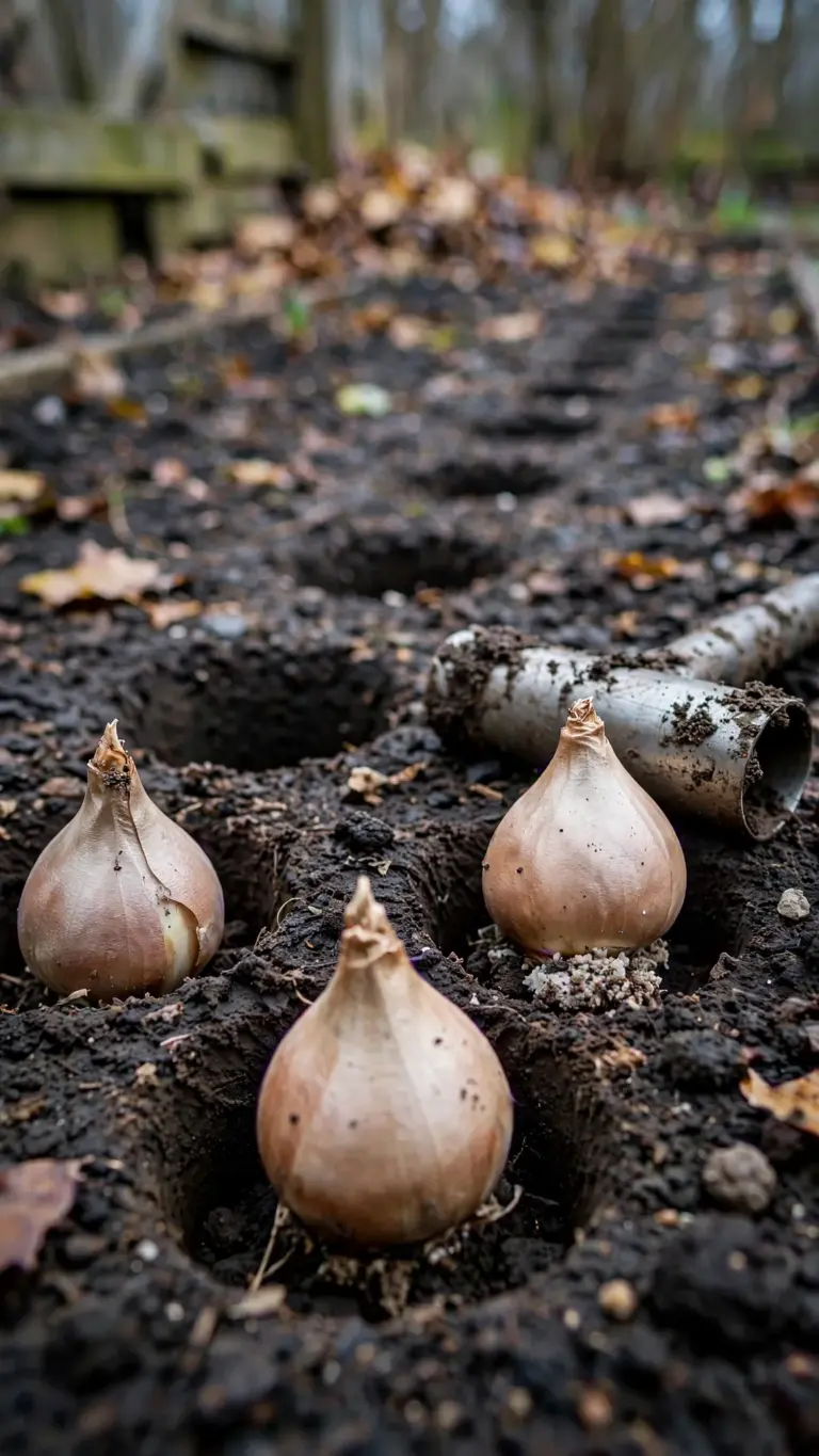 Tulip bulbs set nose-up in planting holes in dark soil
