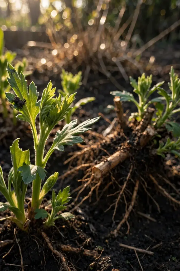 Fresh green mum shoots emerging at the base in spring after division