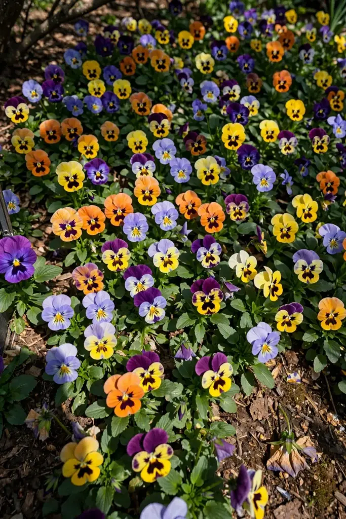 Full bed of pansies in peak spring bloom