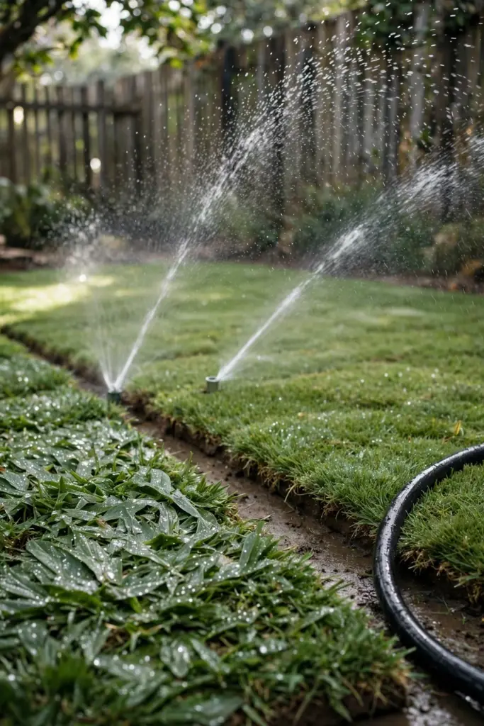 Sprinkler arcs watering fresh Kikuyu turf with a wet sheen on the leaf