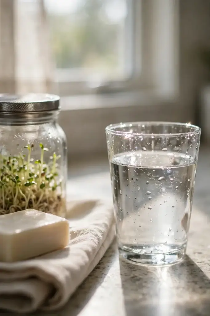 Sanitized sprouting jar, mesh lid, and fresh water on a clean counter