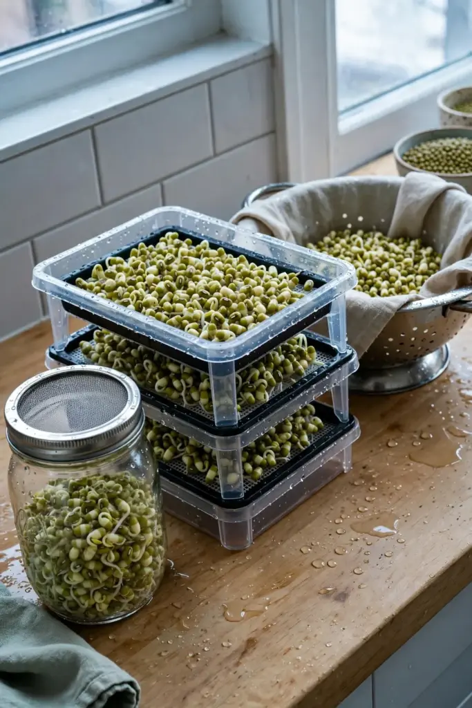 Mason jar, tray sprouter, and colander sprouting setups side by side
