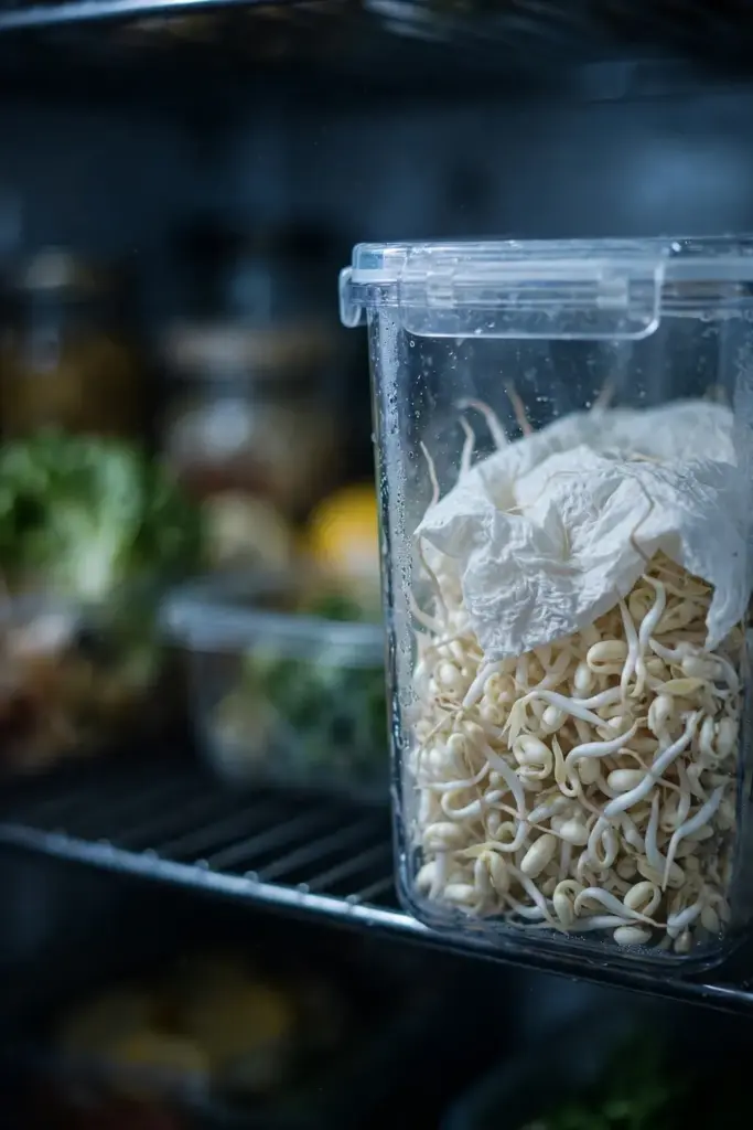 Mung bean sprouts in an airtight container on a refrigerator shelf