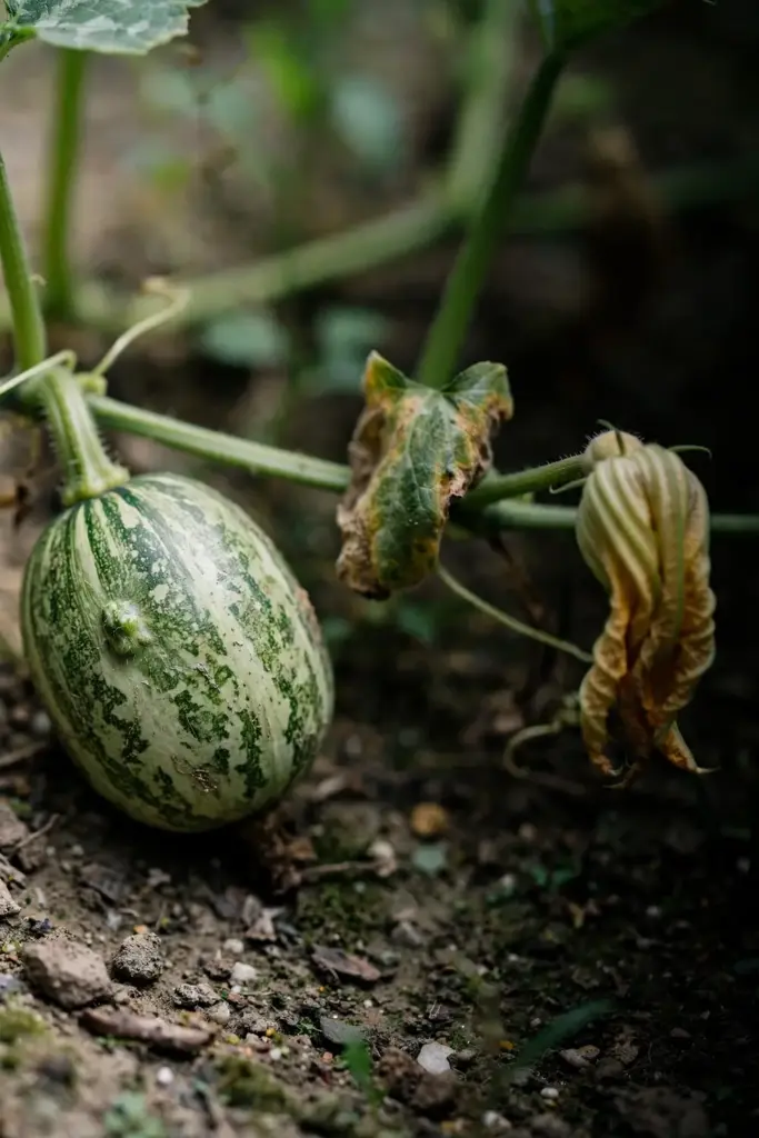 Two squash fruits at different stages on one vine.