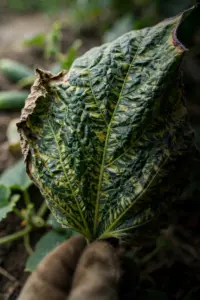 Mottled cantaloupe leaf with dark green mosaic, steadied by a worn garden mitt