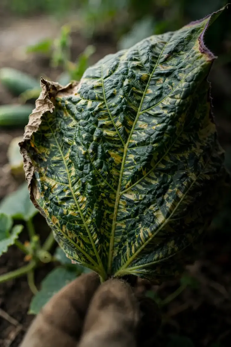 Mottled cantaloupe leaf with dark green mosaic, steadied by a worn garden mitt