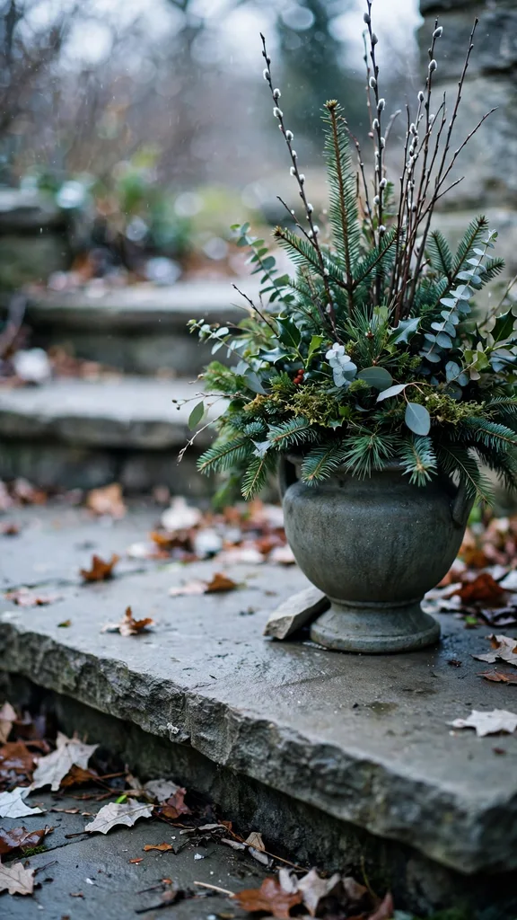 A Christmas urn steadied on a flat stone slab on a porch step
