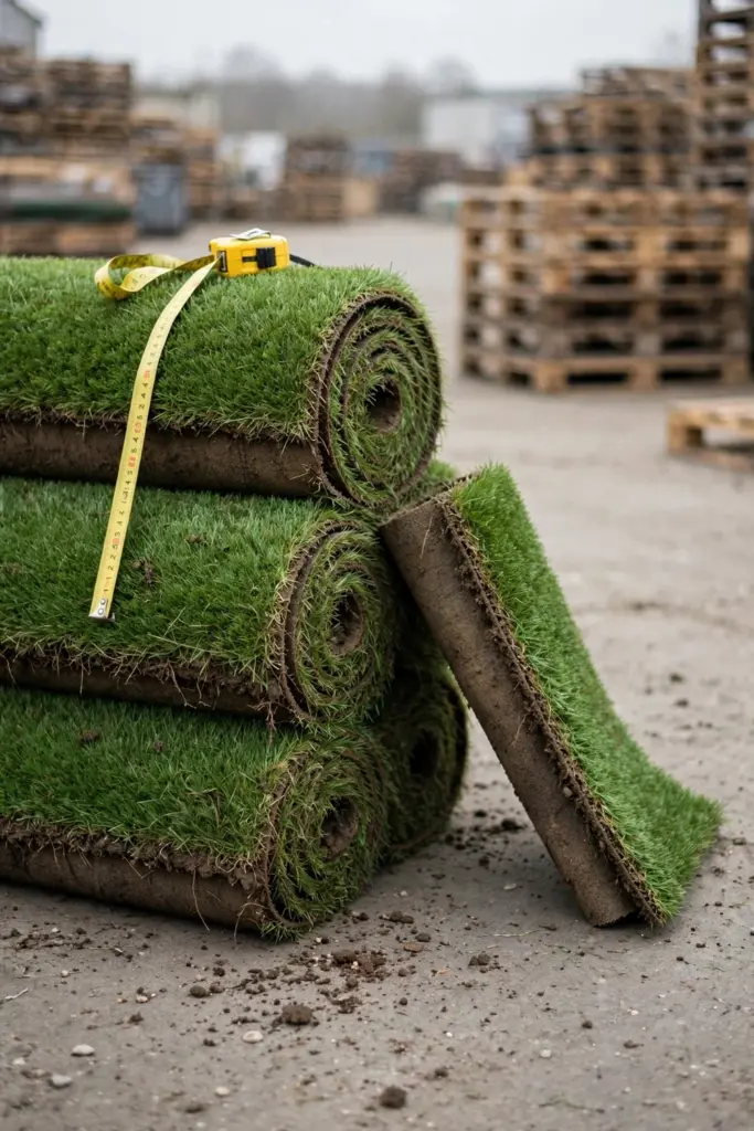 Stacked rolls of turf with a tape measure across the top roll