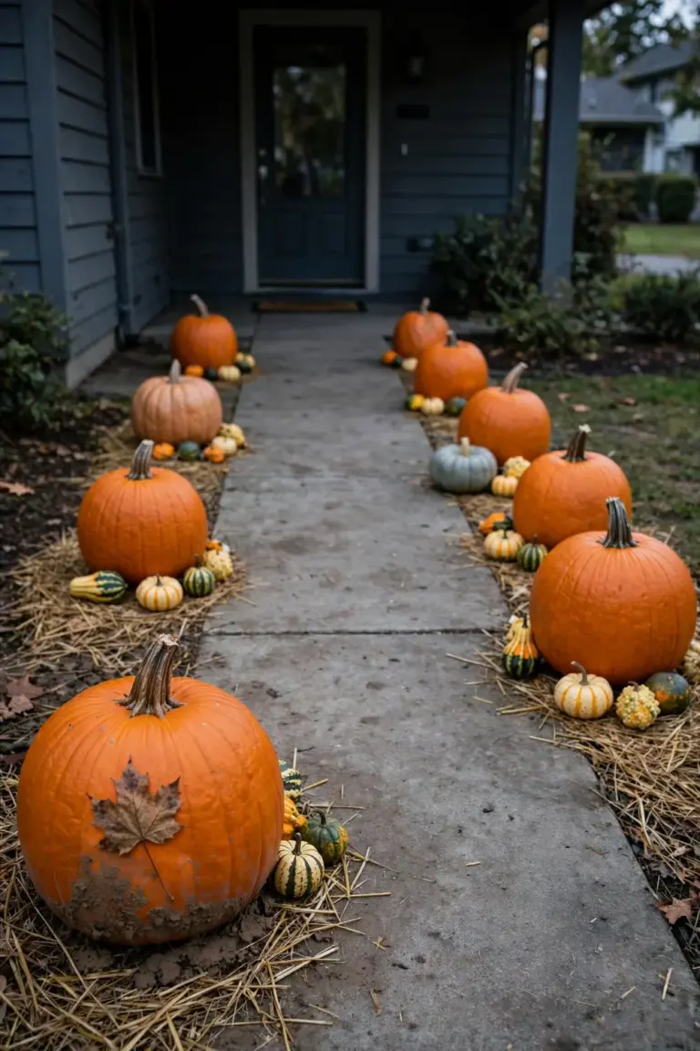 Pumpkins in mixed sizes staggered along both sides of a front walkway, largest near the street