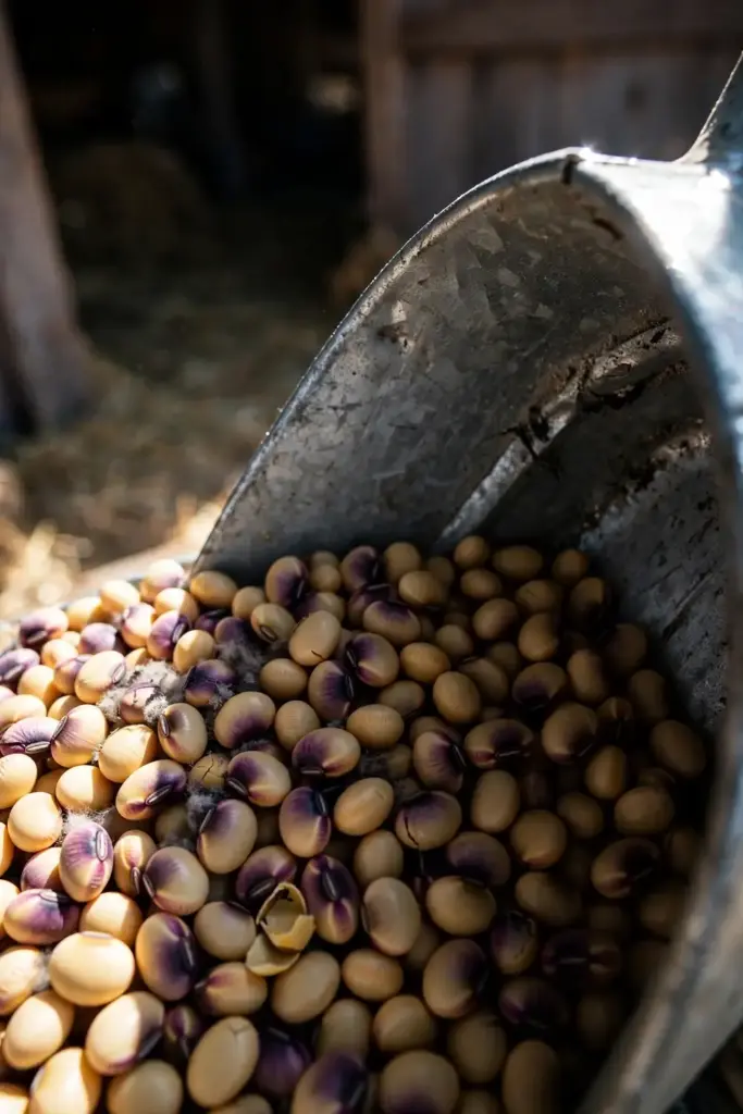Grain scoop heaped with purple-stained and clean soybean seeds