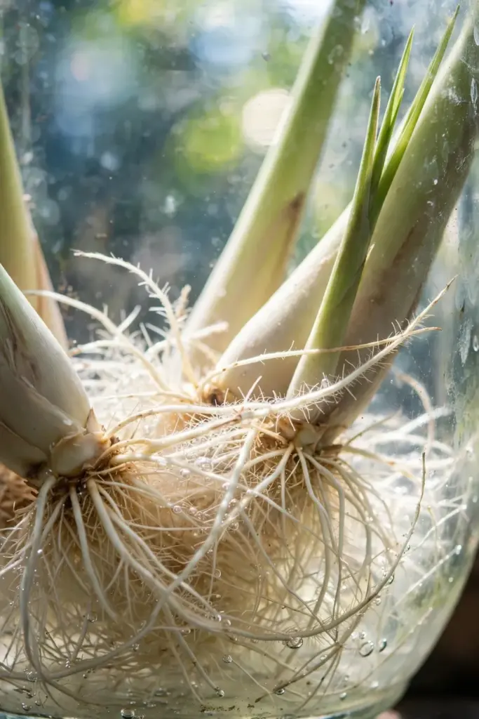 Close-up of lemongrass stalk bases sprouting white roots in clear water