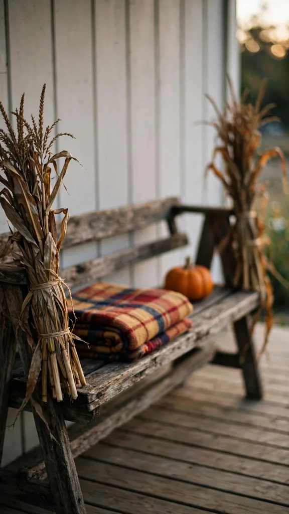 Corn stalk bundles framing a porch bench with a plaid blanket