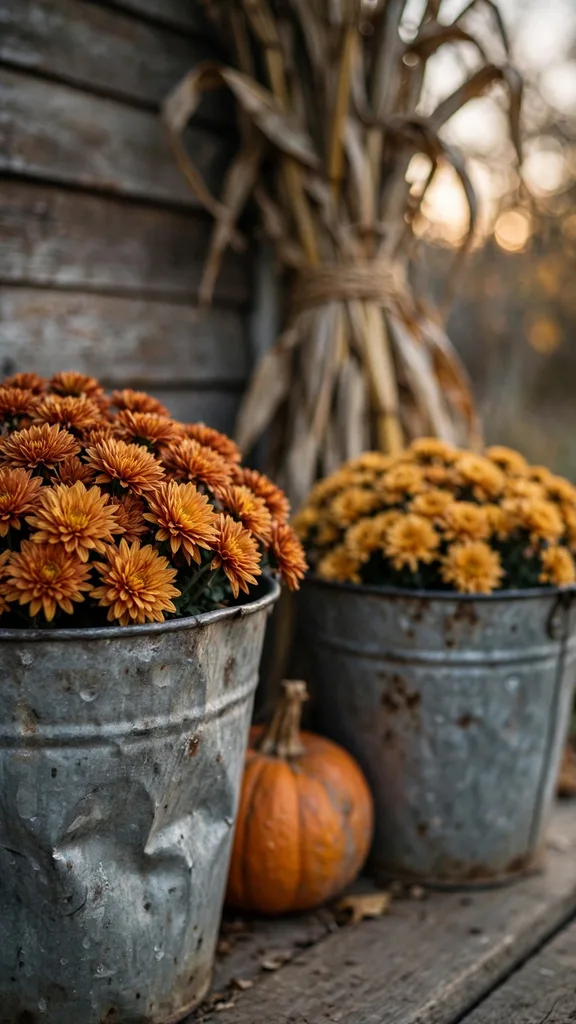 Corn stalk bundle behind galvanized buckets of mums on a porch