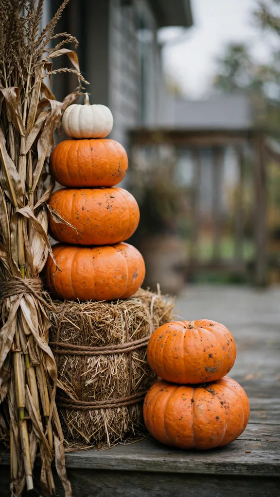 Corn stalks, pumpkins, and a hay bale stacked by porch steps