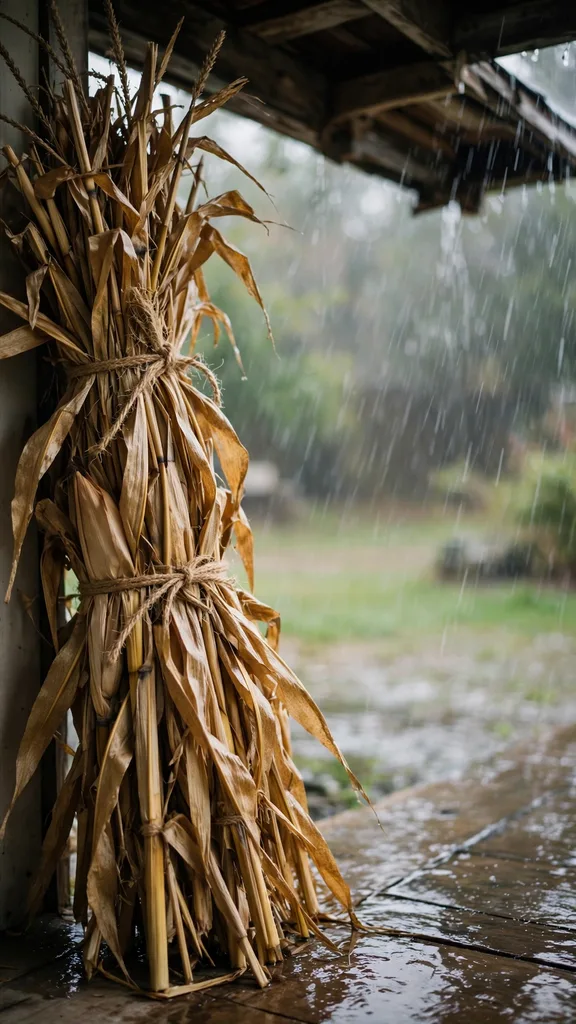 Corn stalk bundle standing dry under a porch roof edge in rain