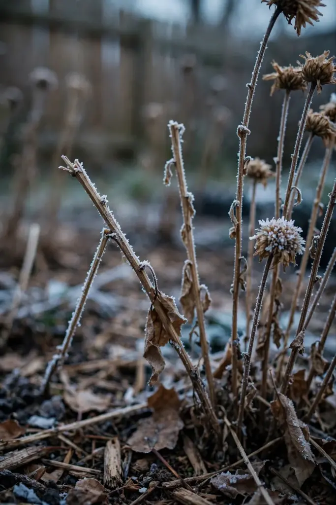 Frost-covered mum stems left standing in a winter garden