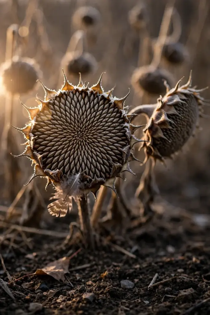 Standing flower seedheads with a finch-feather detail, winter texture