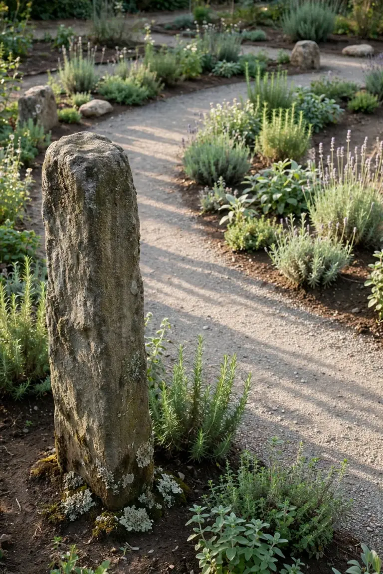 Knee-high standing stone sunk at the corner of a curved herb garden bed