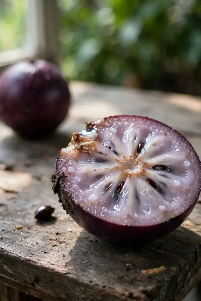 Star apple cut in half showing the star pattern in the milky pulp