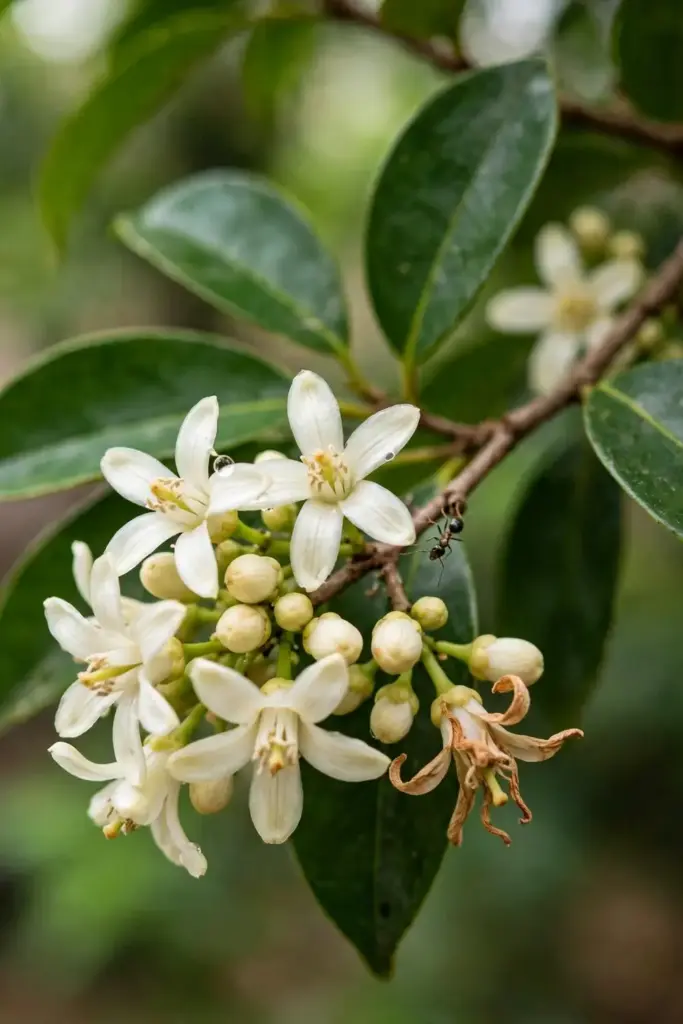 Cluster of small creamy star apple blossoms on a twig