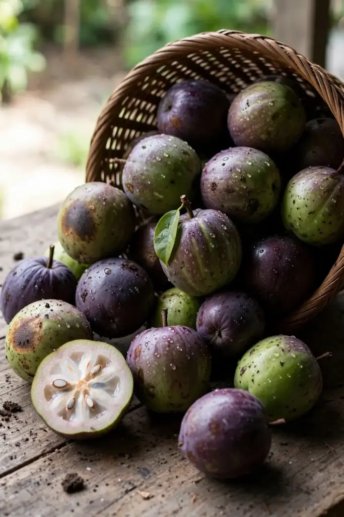Woven basket of freshly picked purple and green star apples