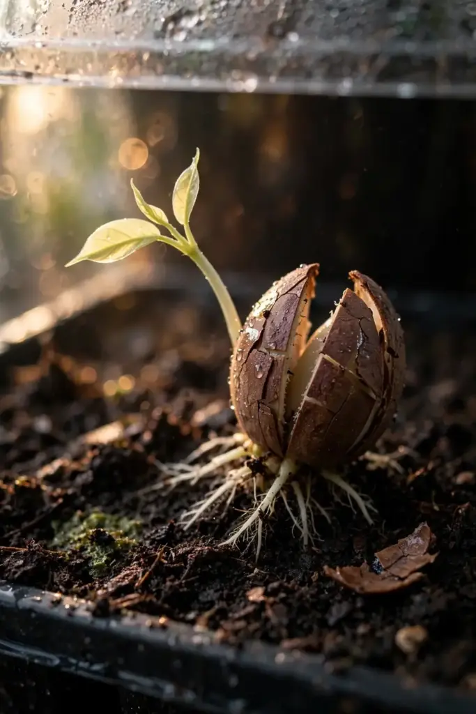 Star apple seed split open with a pale sprout rising from moist soil