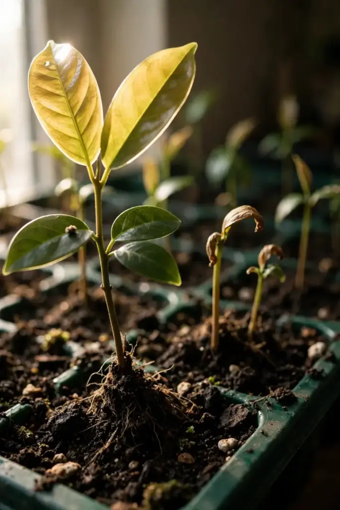 Star apple seedlings at successive stages in a nursery tray