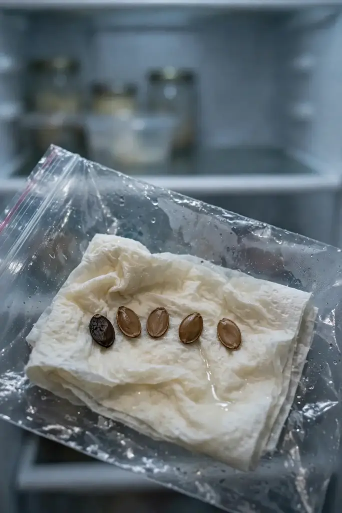 Star apple seeds on damp paper towel inside a zip bag for cold stratification