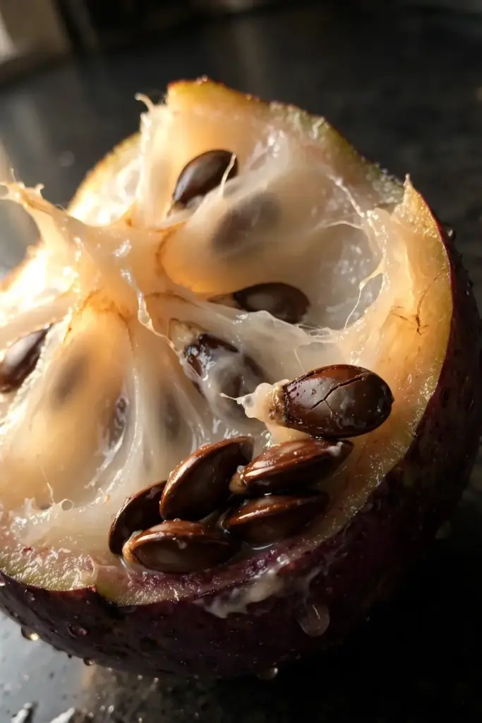 Star apple seeds scooped from the milky pulp of a fresh fruit