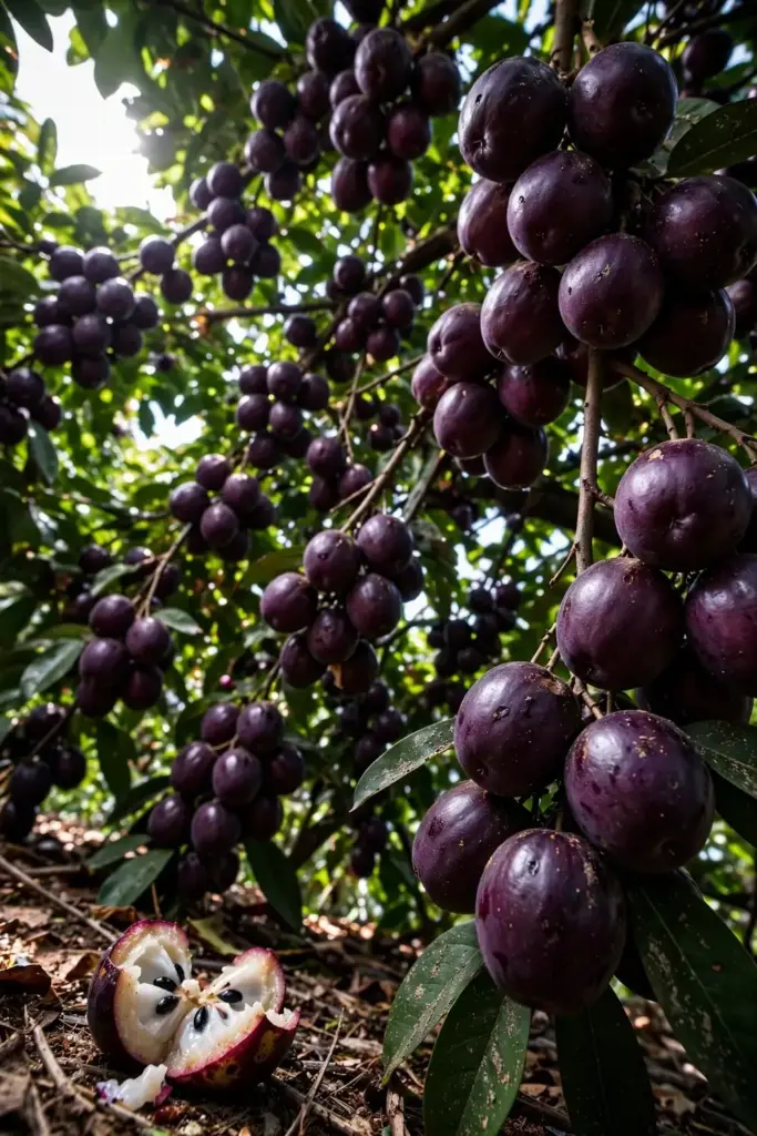 Star apple branches bowing under ripe purple fruit