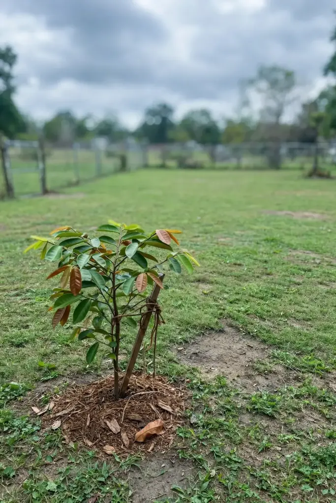 Young star apple tree standing alone with wide open space around it