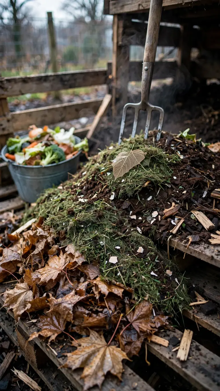 Pallet compost bin with layered shredded leaves and greens, fork stuck in the top