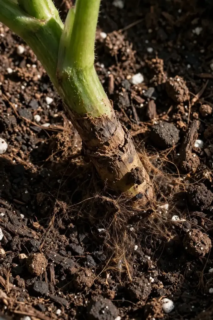 Macro of a stem base at the soil surface with a sunken brown lesion.