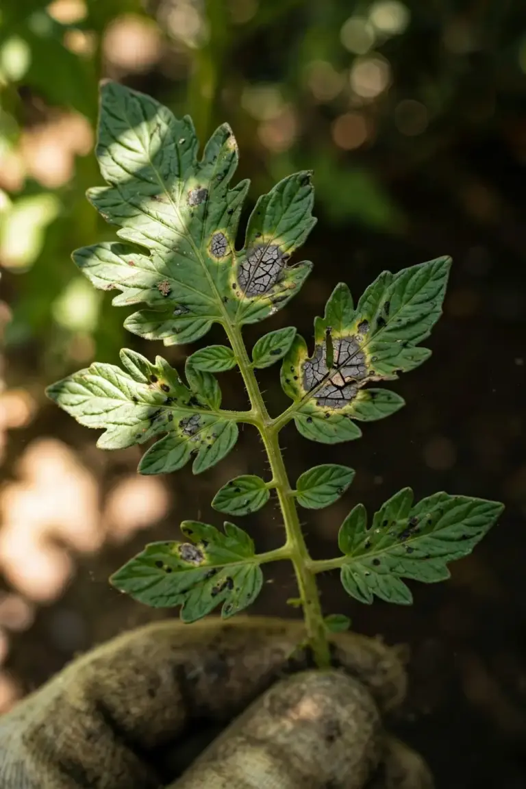 Tomato leaflet with gray cracked Stemphylium spots held by a worn garden mitt