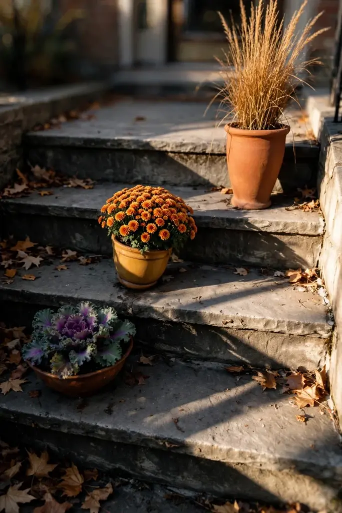 Three steps layered with tall, medium, and low fall planters