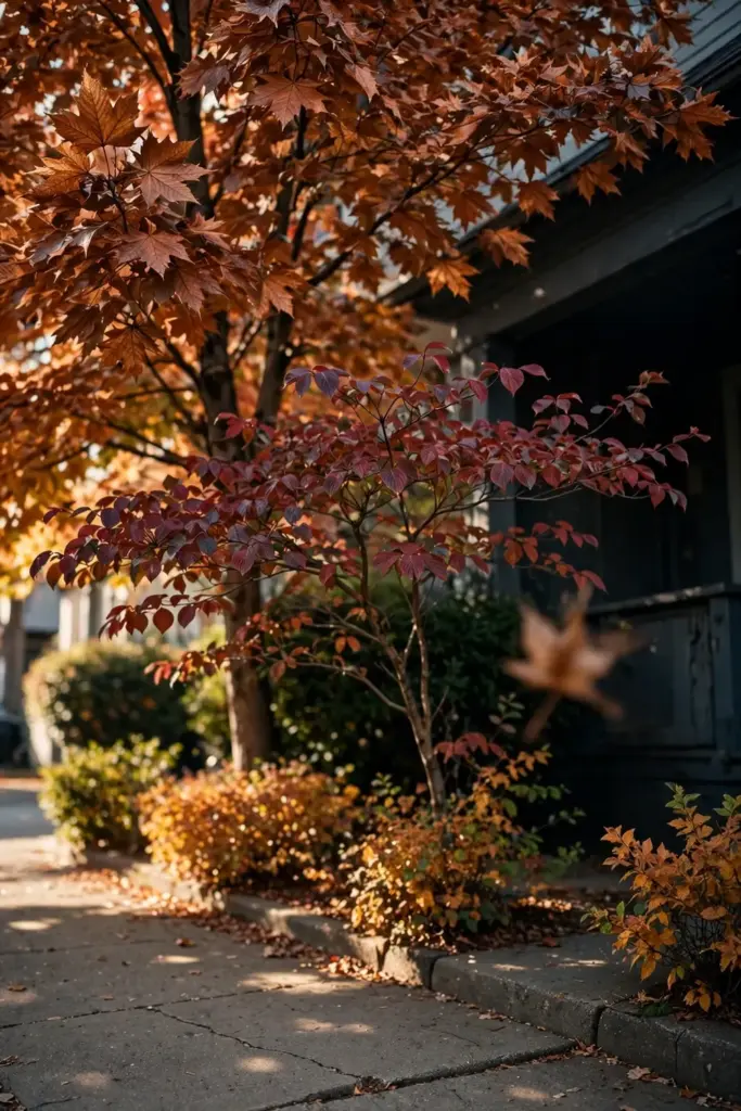 Three stepped canopy layers of fall trees from the sidewalk view