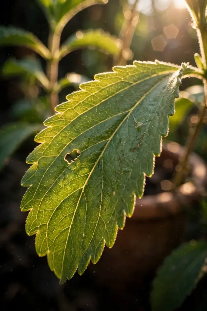 Stevia leaf with serrated edge backlit to show the sweet tissue