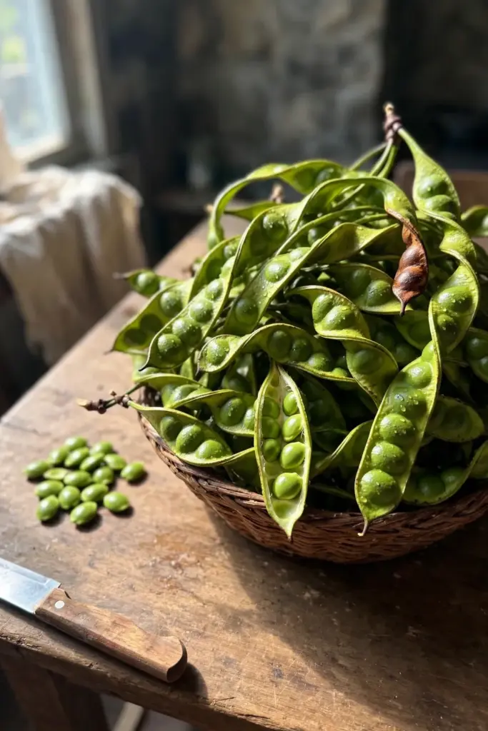 Woven basket of freshly picked stink bean pods on a wooden table